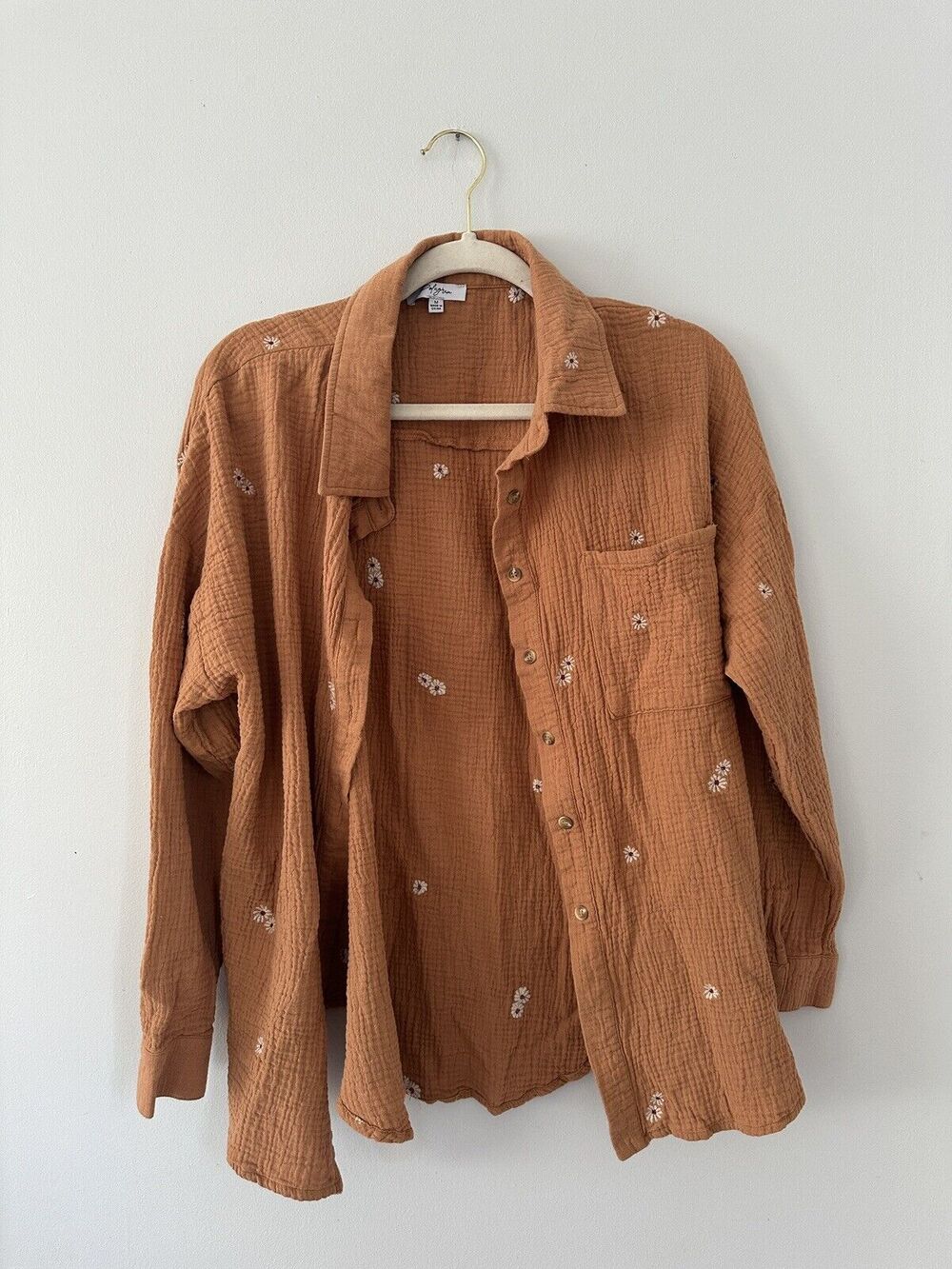 Polygram Brown Muslin Blouse Size M Embroidered Daisy Flowers